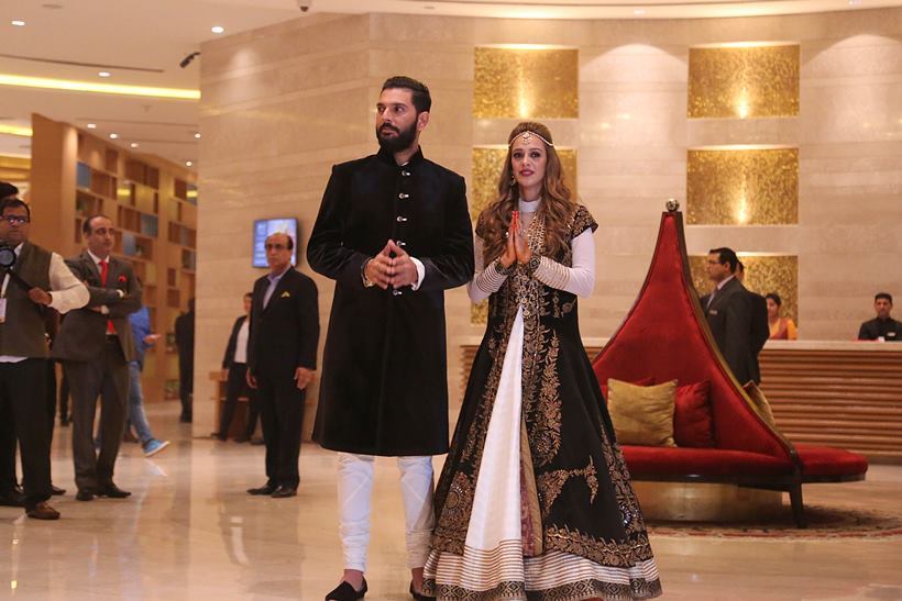 Indian cricketer Yuvraj Sing and Hazel Keech a British−Mauritian model  turned actress after Pre-Wedding ceremony at hotel in Chandigarh IT park on Tuesday, November 29 2016. Express photo by Jaipal Singh