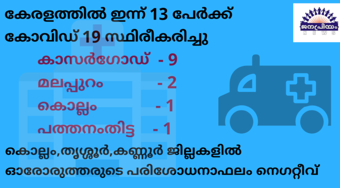കേരളത്തിൽ ഇന്ന് 13 പേർക്ക് കോവിഡ് 19 സ്ഥിരീകരിച്ചു