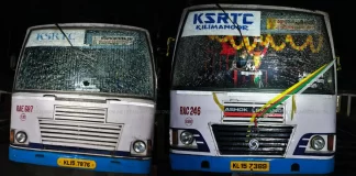 പ്രിയദര്ശിനി ബസുകള്ക്ക് നേരെ കല്ലേറ്, ചില്ല് തകര്ത്തു